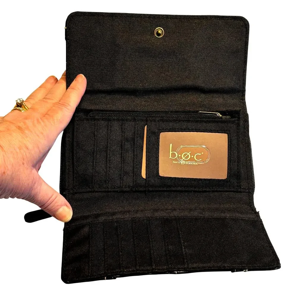 BOC black stitched leather wallet women's clutch purse trifold design NEW w/ tag